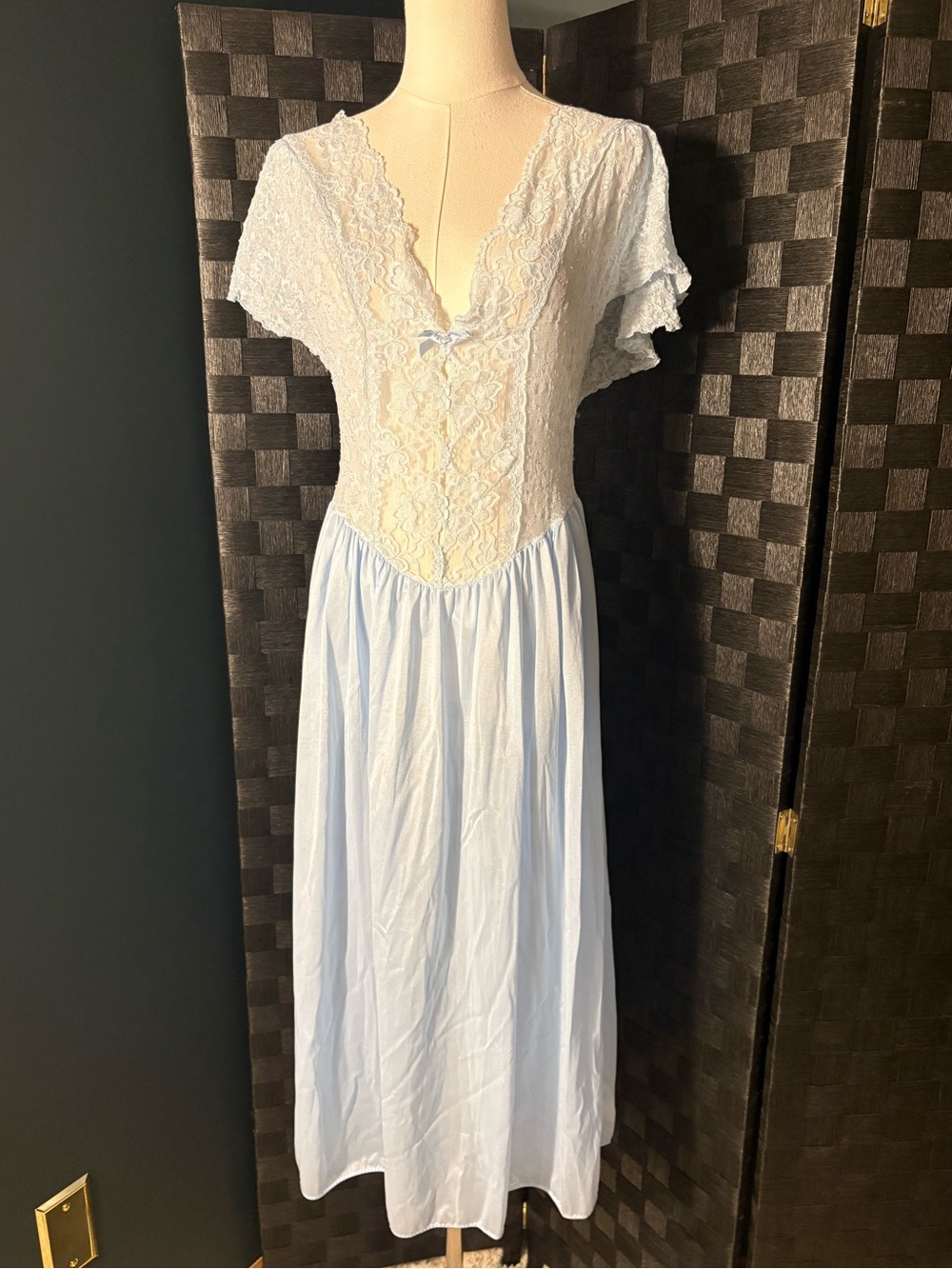 Vtg 80s Apostrophe Baby Blue Satin Lace Bodice Slip Dress Balletcore Coquette